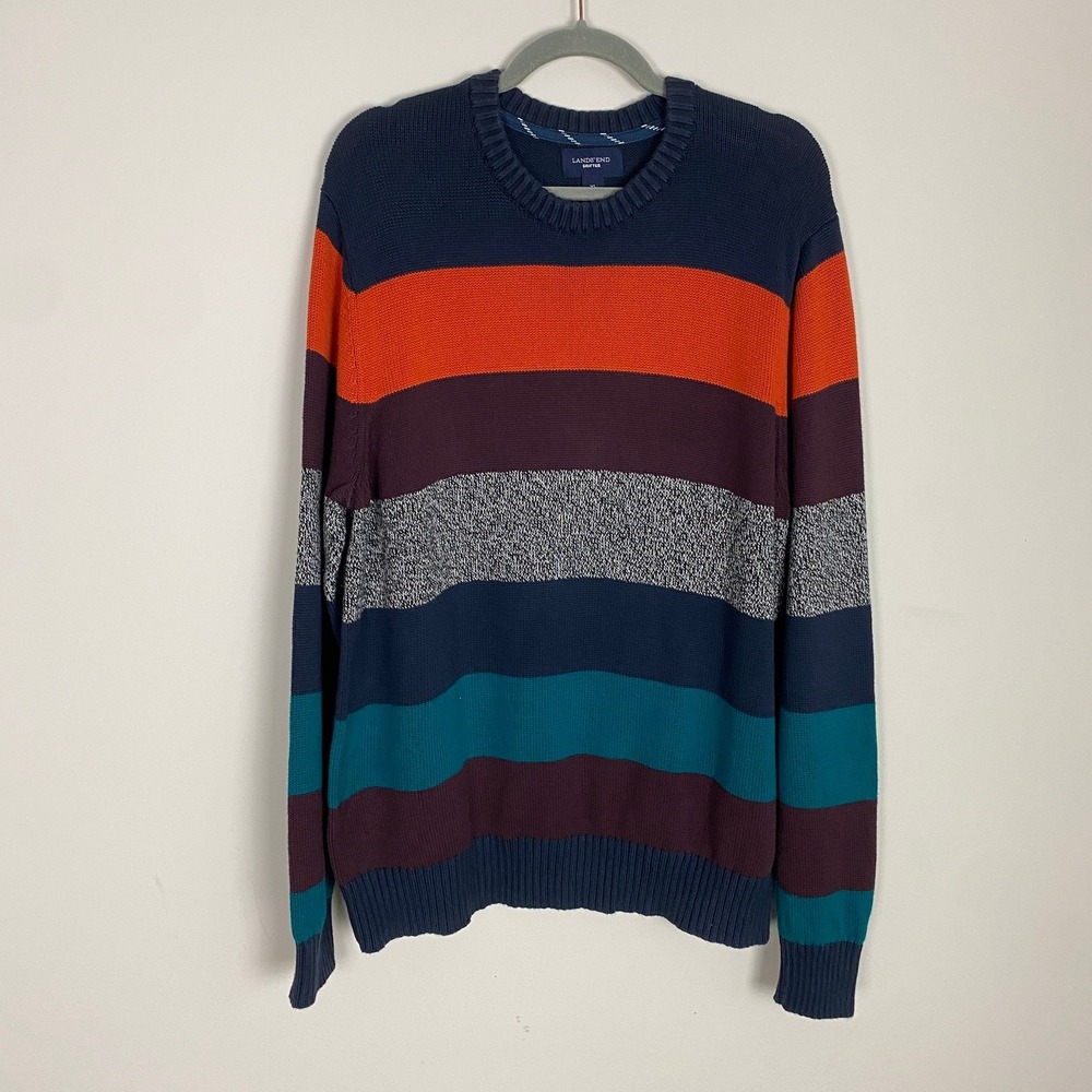 Lands End Drifter Sweater Mens XL Striped Crew Neck Cotton Knit Retro Preppy